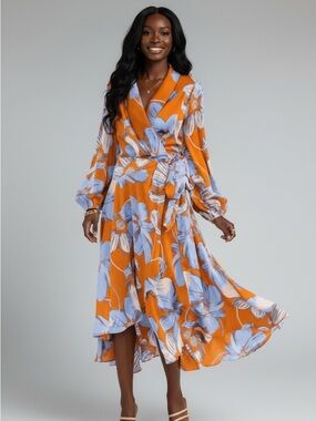 Floral Wrap Maxi Dress in Orange and Light Blue